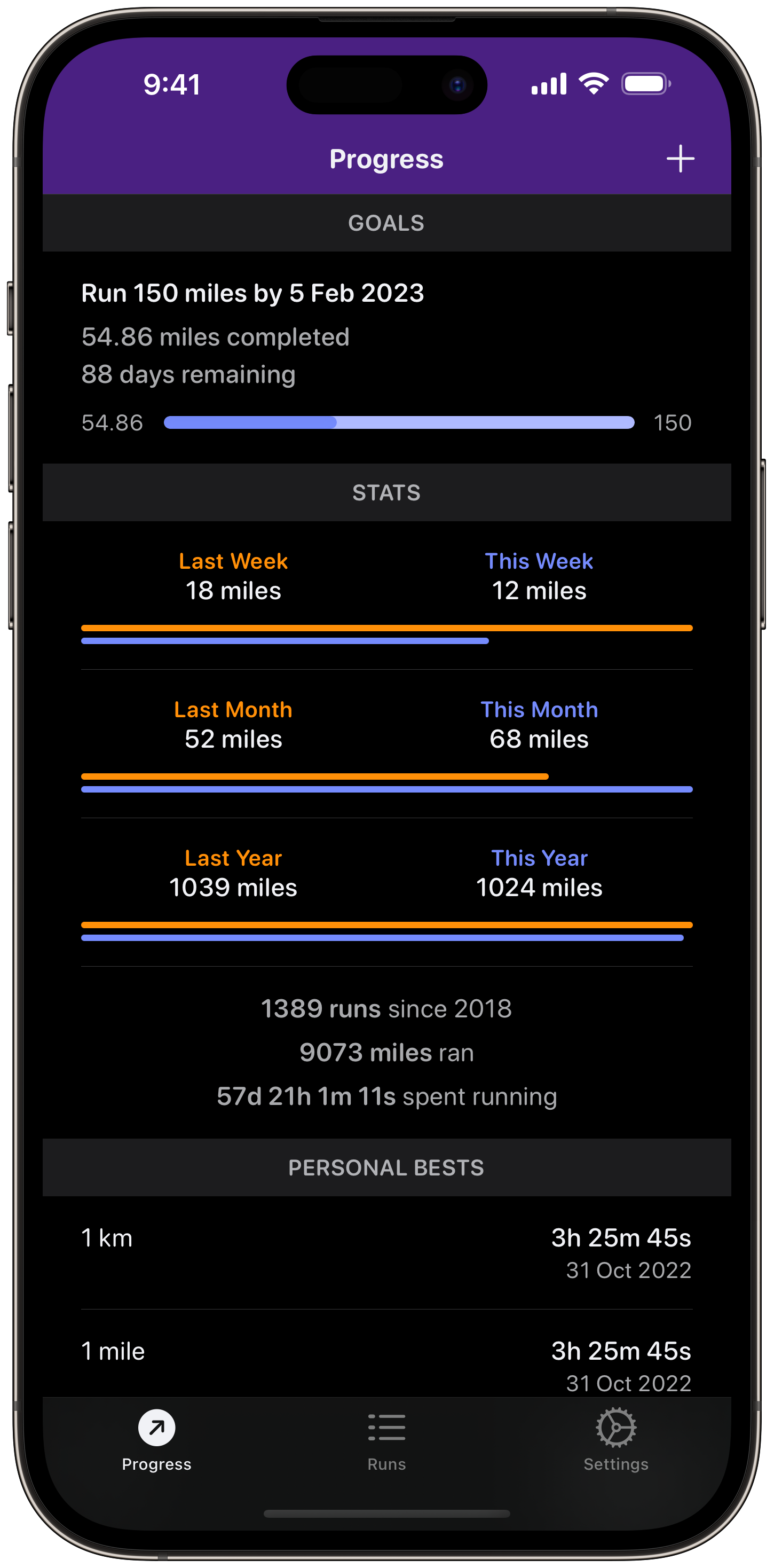 Running Track: Goals and Stats screen