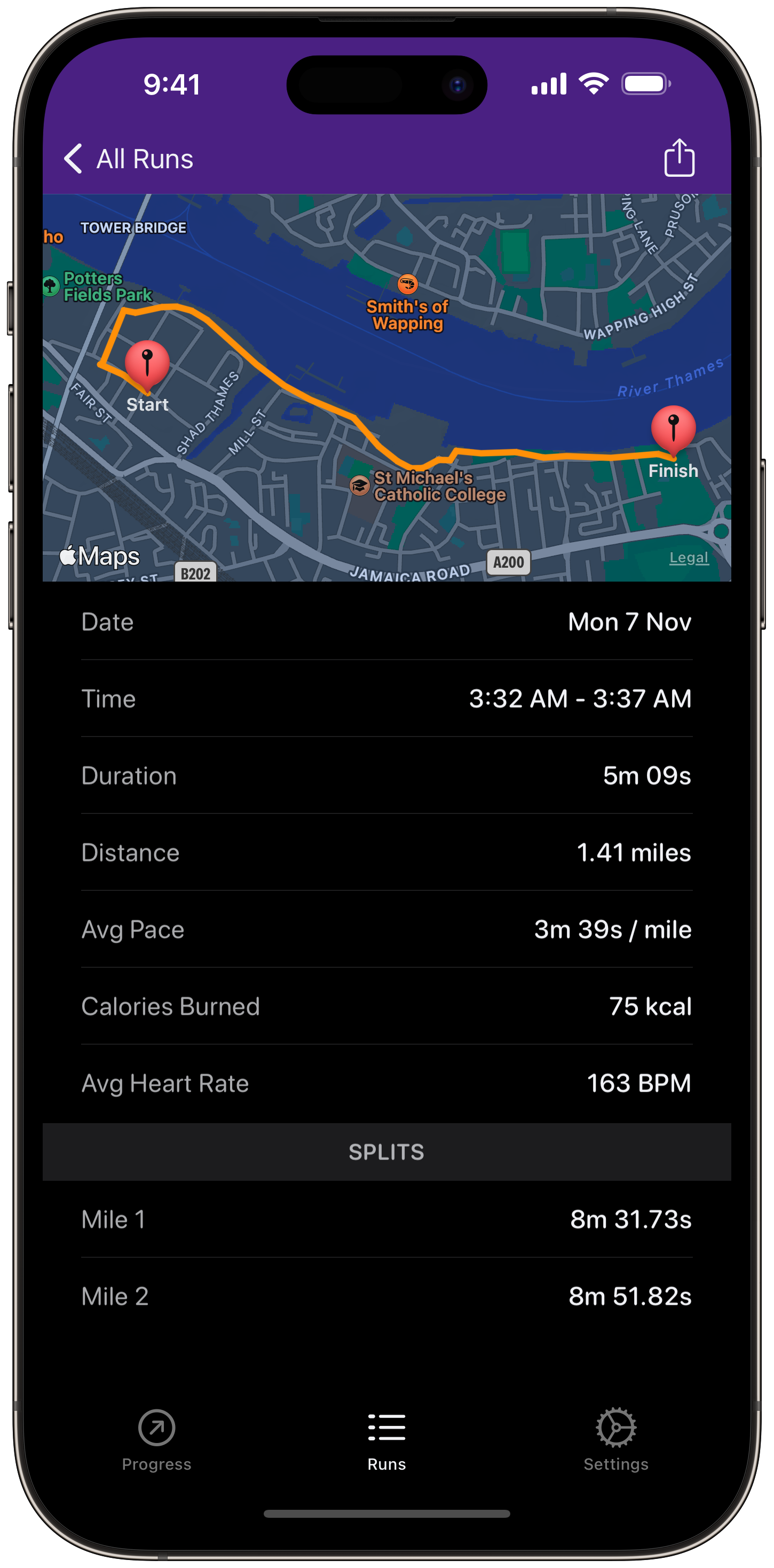 Running Track: Run Info screen